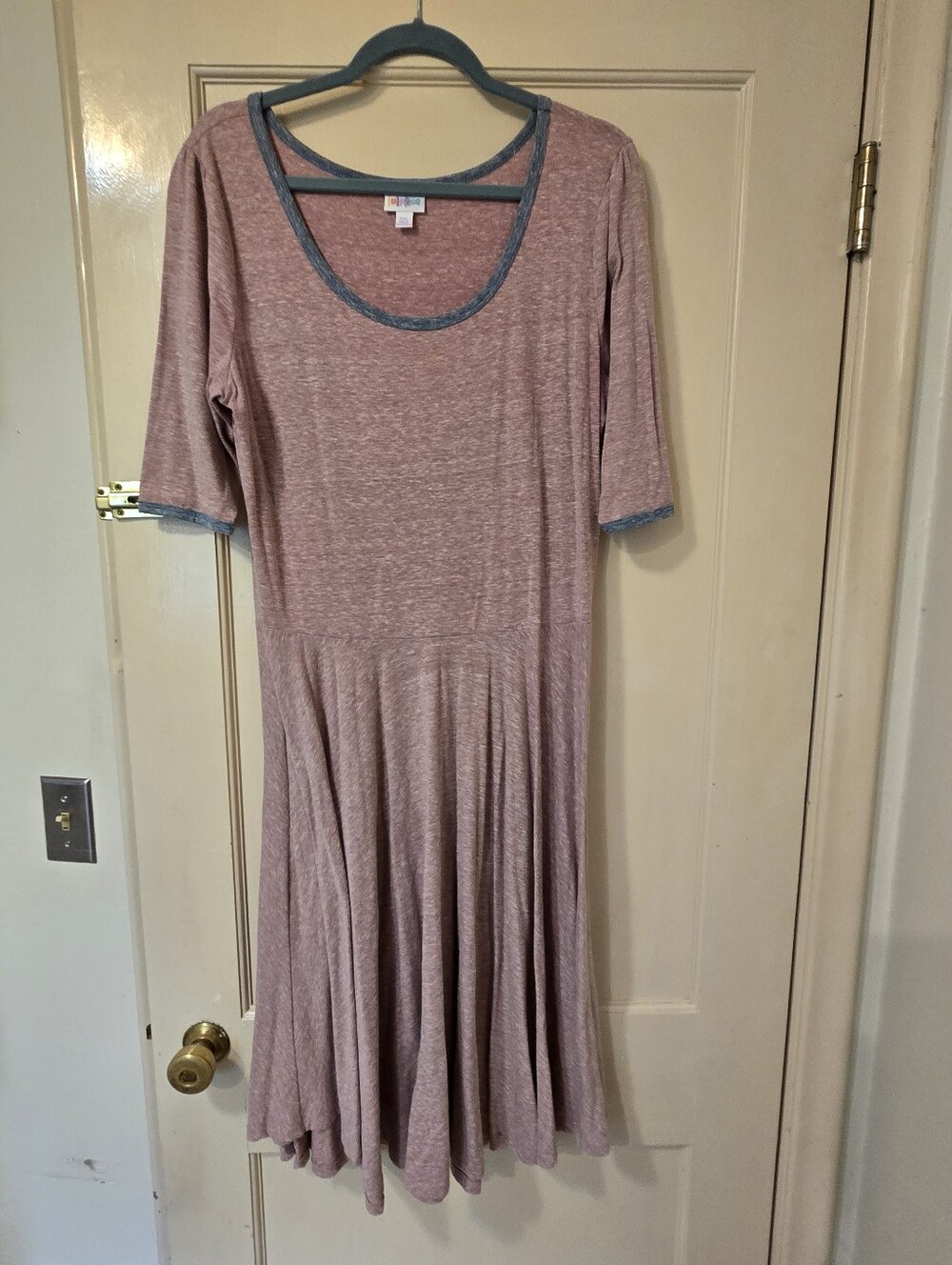 LuLaRoe Nicole Dusty Rose Midi Dress with Heathered Blue/ Gray Trim